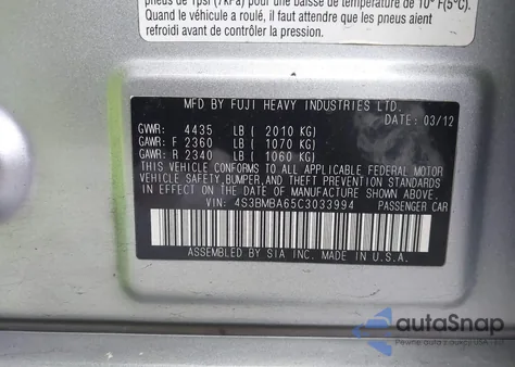 2012 Subaru Legacy 2.5I z USA, uszkodzony, nr VIN 4S3BMBA65C3033994